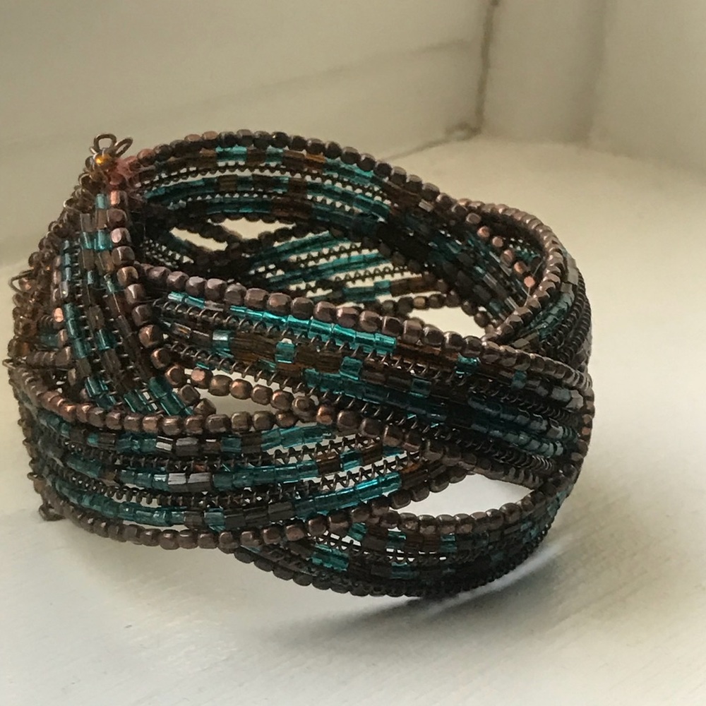 Bronze & Turquoise beaded bangle cuff bracelet